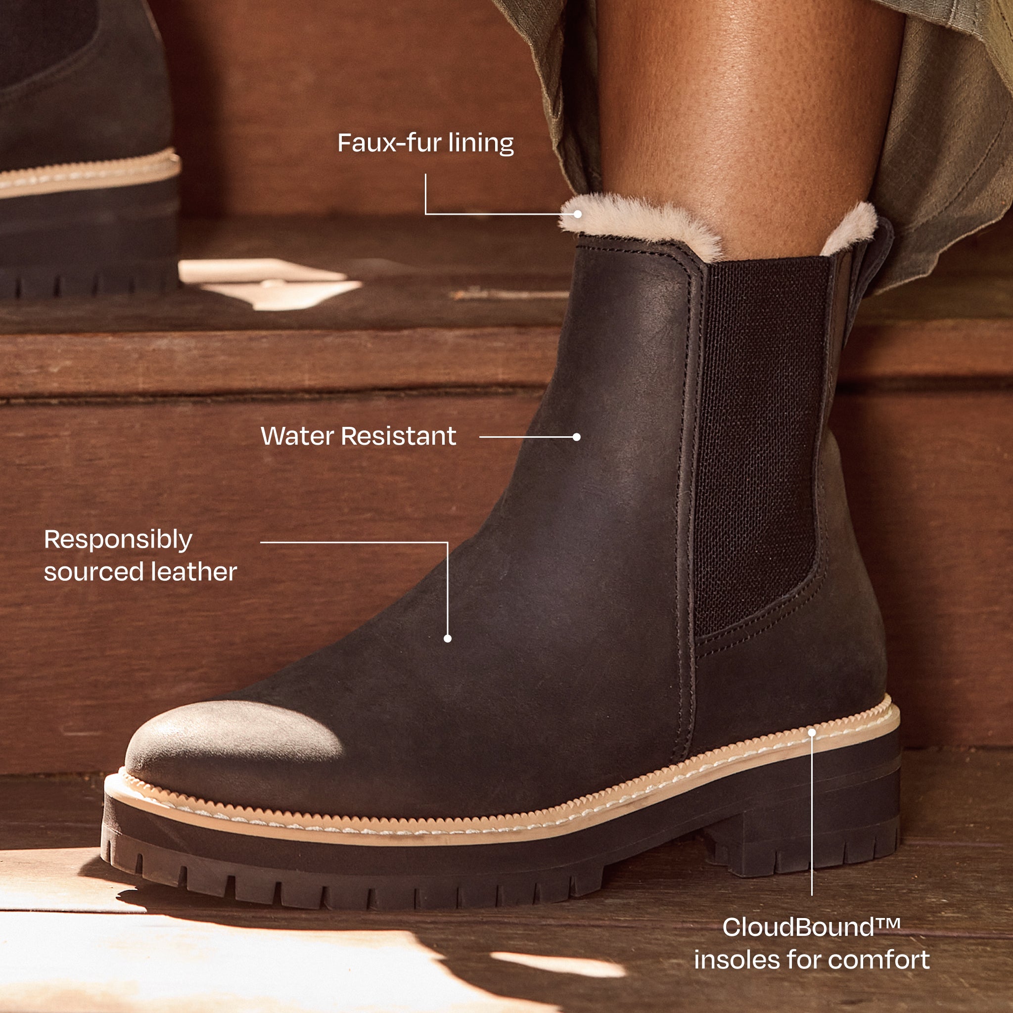 Bennet Boot - Water Resistant Black Leather / Faux Fur