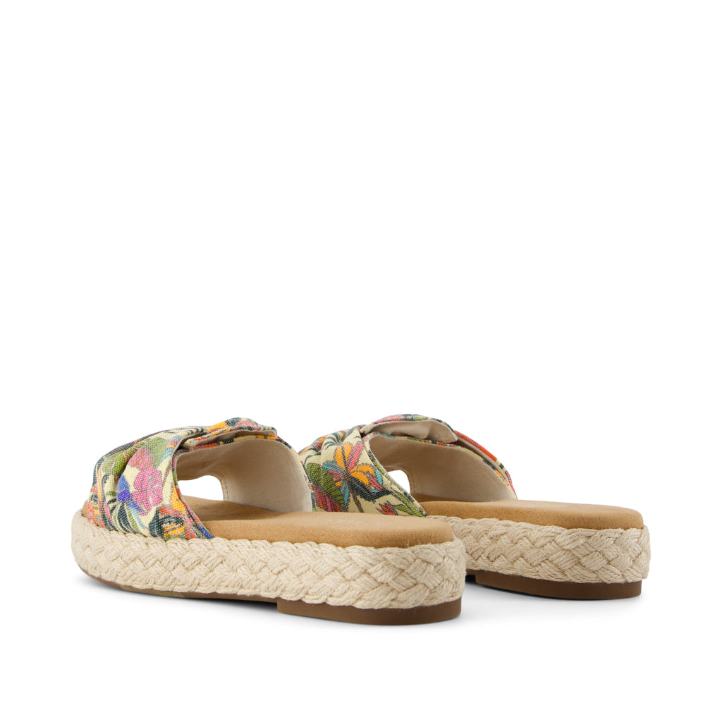 Abby Slide Platform Sandal - Multicolor Birds of Paradise Print with Knot Back View