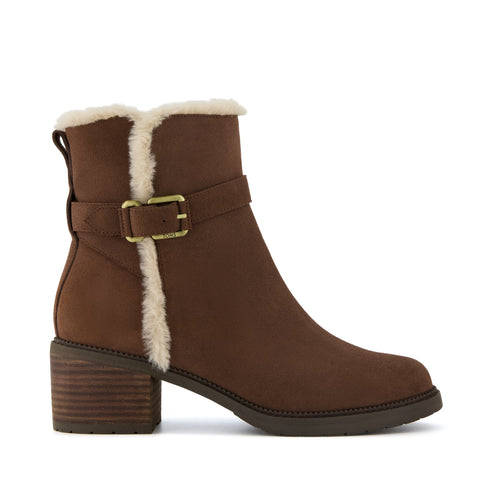 Hailey Buckle Boot - Water Resistant Oak Brown Suede Faux Fur Lined Side View