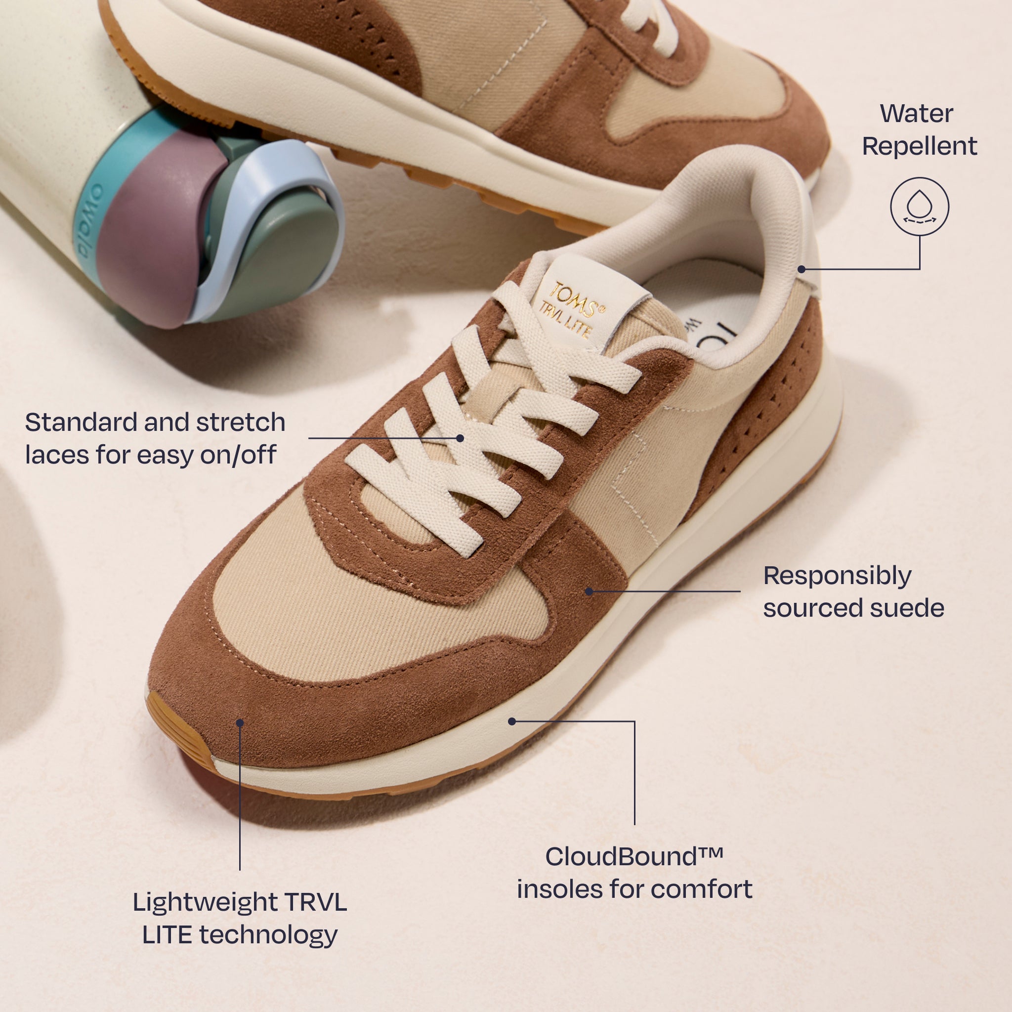 TRVL LITE Retro Trainer - Water Repellent Brown Sugar Twill & Perforated Suede