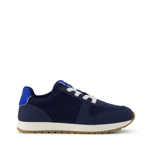 TRVL LITE Retro Runner Kids Sneaker - Water Repellent Multi Navy Vintage Twill Side View