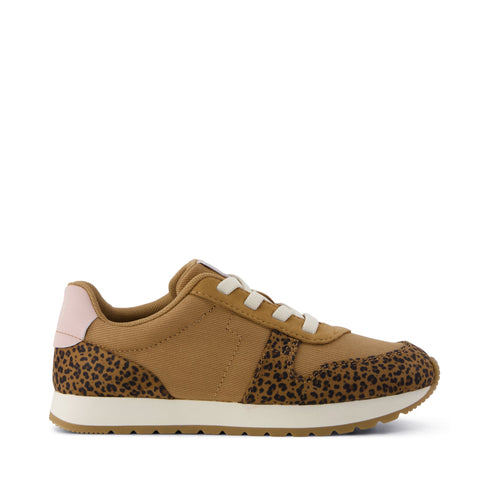 TRVL LITE Retro Runner Kids Sneaker - Water Repellent Toffee Leopard Vintage Twill Side View