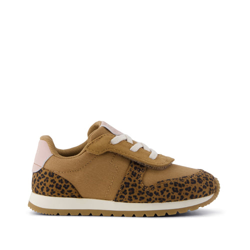 TRVL LITE Retro Runner Toddler Sneaker - Water Repellent Toffee Leopard Side View