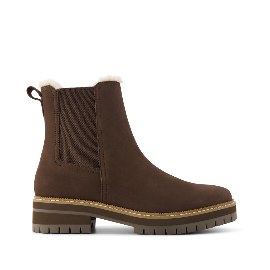 Bennet Boot - Water Resistant Chocolate Brown Nubuck Leather w/ Faux Fur Side View