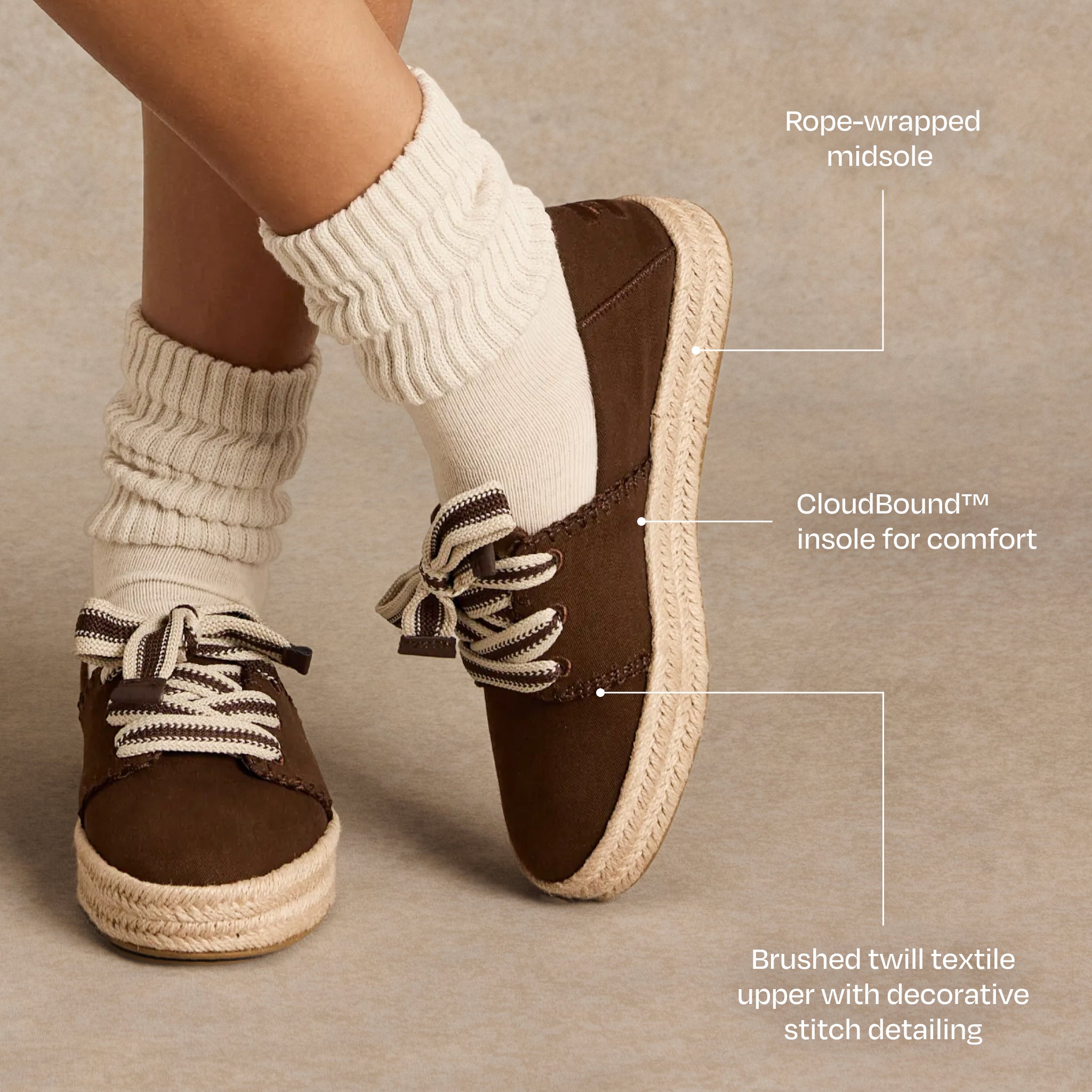 Carolina Lace-Up Espadrille - Hot Cocoa Brown Brushed Twill with Deco Stitch