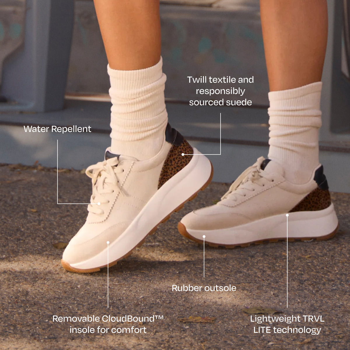 TRVL LITE Wedge Trainer - Water Repellent Cream Vintage Twill and Micro Cheetah Print