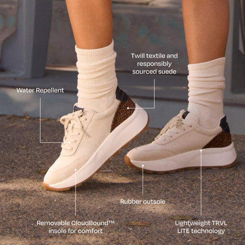 TRVL LITE Wedge Trainer - Water Repellent Cream Vintage Twill and Micro Cheetah Print