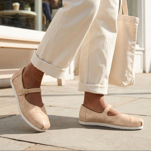 On model image of the Womens Alpargata Mary Jane Bronze Metallic Crosshatch Suede
