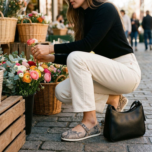 On model image of the Womens Alpargata Mary Jane Taupe Snake Print Suede