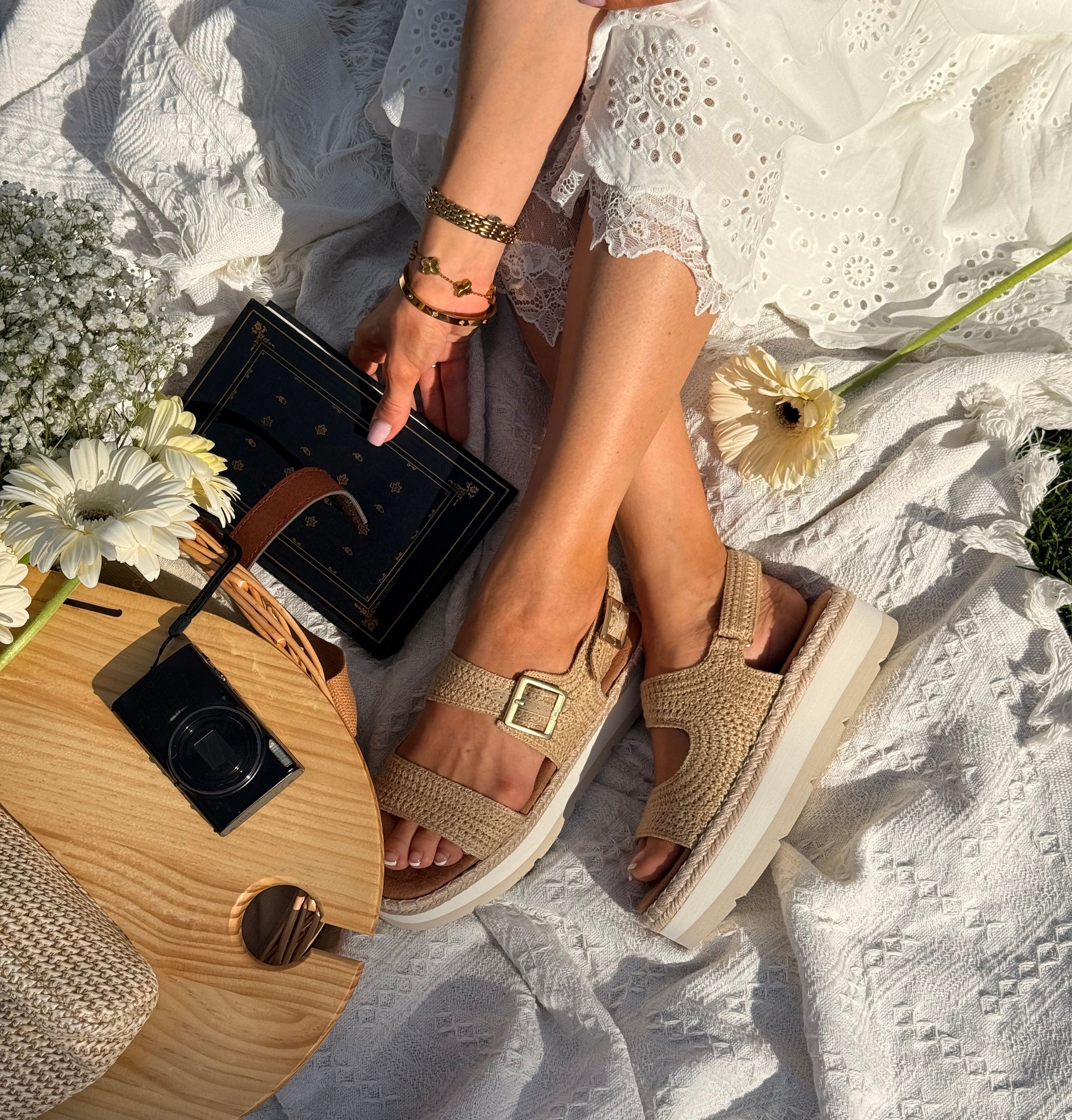 Giana Platform Sandal - Beige & Brown Stripe Crochet