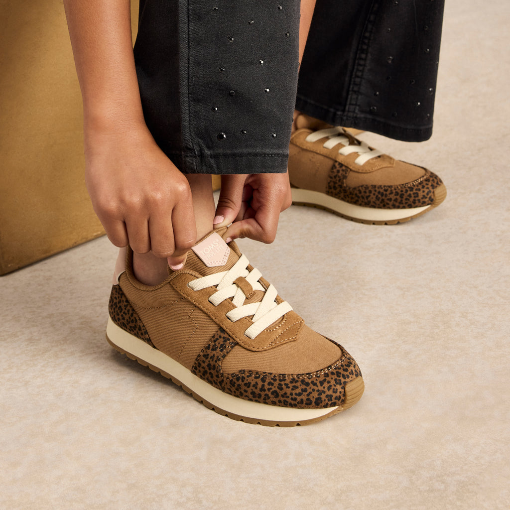 TRVL LITE Retro Trainer - Water Repellent Toffee Brown Micro Leopard Vintage Twill for Youth