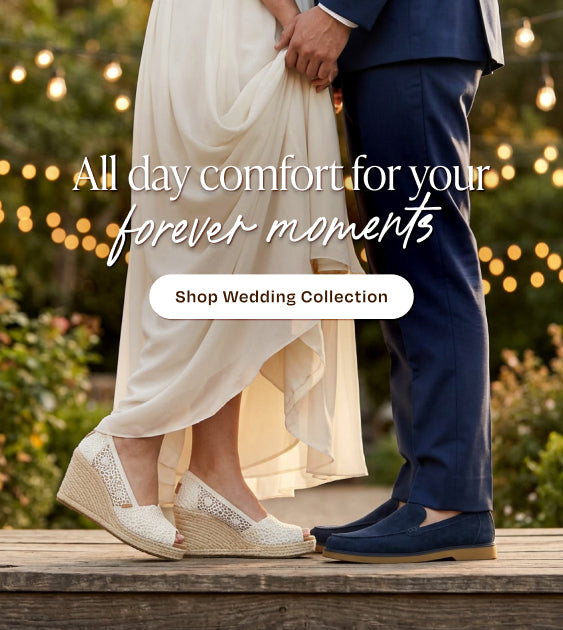 Essential wedge in white crochet on foot, Marcos in dark washed denim on foot