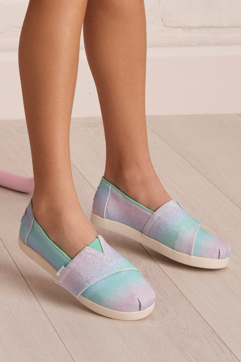 Kids Alpargata in Ombre Blue Pink Purple Jelly Glitter on foot