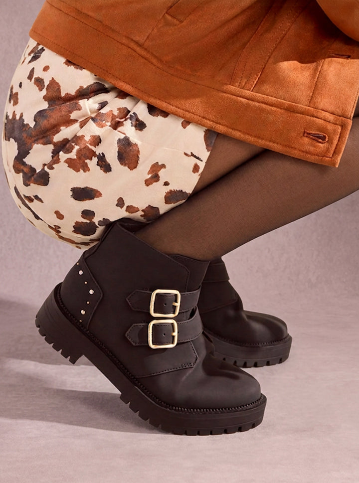 Simone Lug Boot - Water Resistant Black Nubuck Leather with Studs