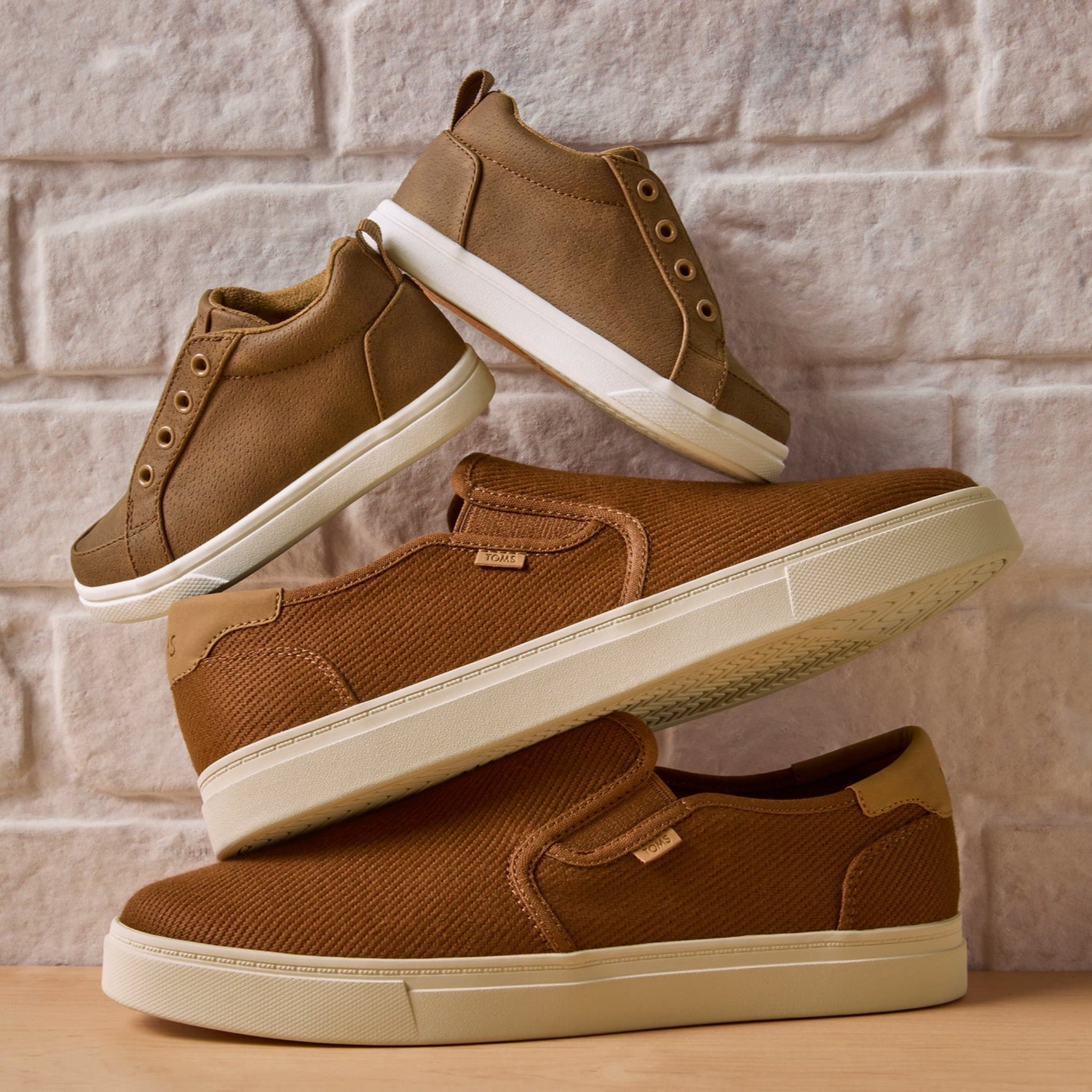 Baja 2.0 Slip On Sneaker Walnut Brown Canvas and Cruz Mid Kids Slip On Sneaker Laydown Image