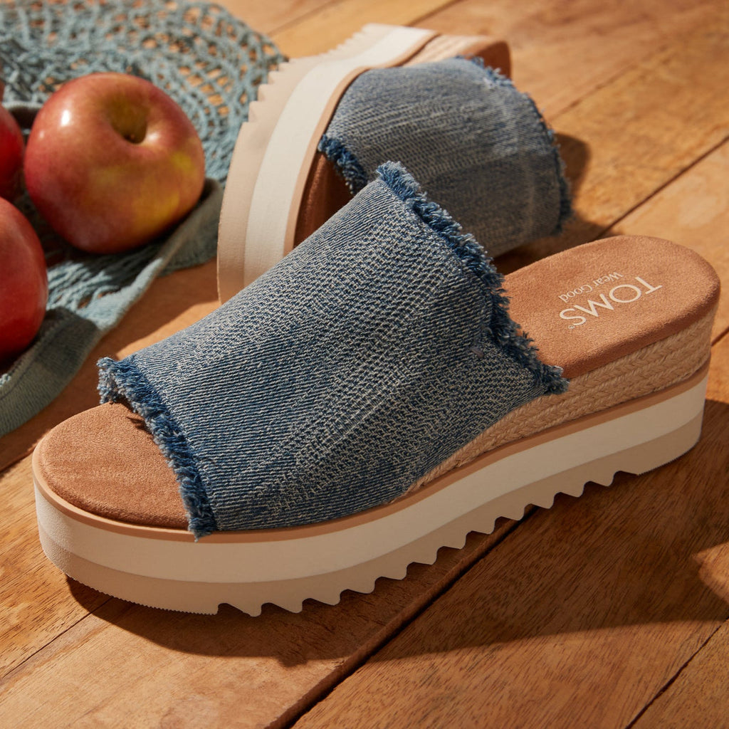 Laydown image of the dark sky textured denim Diana Mule Wedge
