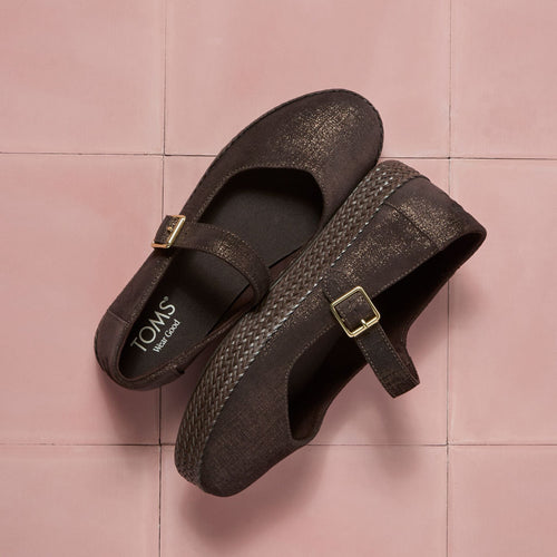 Laydown detail image of the metallic chocolate brown Carolina Mary Jane espadrille