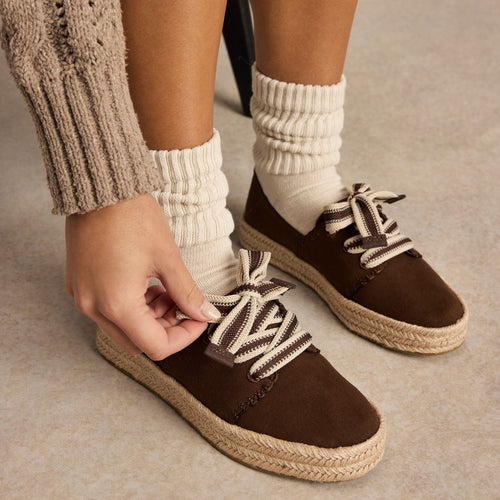 On model image of the hot cocoa Carolina lace up espadrille